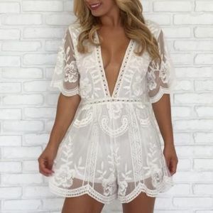 Plunging neckline, White lace romper